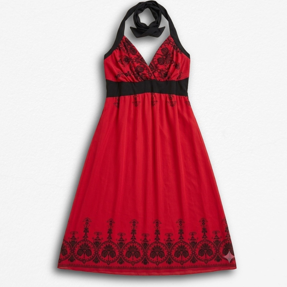 Wishes Wishes Wishes Red Black Halter Midi Dress Y2K Damask Print Empire Waist